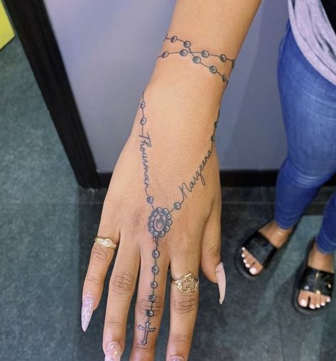 Rosary Tattoo Around Arm, Rosery Tattoos On Hand Women, Rosery Tattoos On Hand, Rosary Tattoo On Hand, Rosary Tattoo, Belly Tattoos, Orchid Tattoo, Hand Tattoos For Girls, Hand And Finger Tattoos