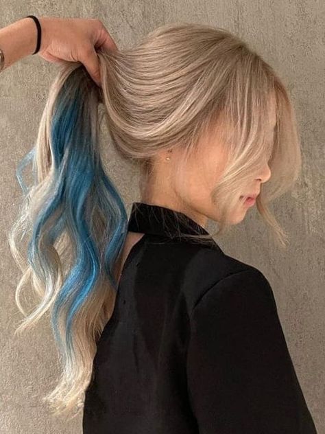 Blonde Hair With Blue Highlights, Blue Hair Underneath, Blonde And Blue Hair, Blue Underneath, Hair Dyed Underneath, Blue Hair Highlights, Two Tone Hair, Dyed Hair Blue, Pink Blonde Hair