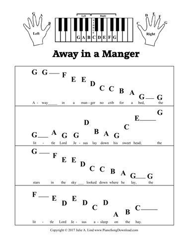 Away in a Manger Pre-Staff printable sheet music for beginning piano lessons. Piano Music With Letters, Beginning Piano, Christmas Piano Sheet Music, Sheet Music With Letters, Piano Songs For Beginners, Piano Sheet Music Letters, Piano Learning, Beginner Piano Music, Piano Music Easy