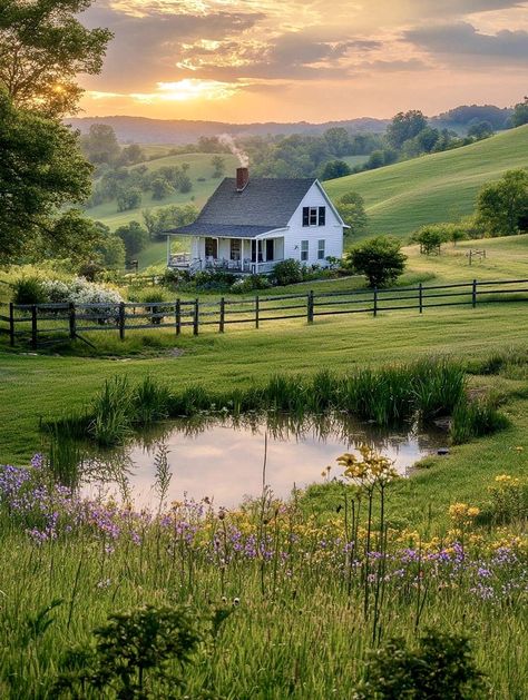 Farm Field Aesthetic, Old Money Cottage Core House, Old Money Country House, Cottage By Lake, Cottage Homestead Aesthetic, Farm Aesthetic House, Farming Aesthetic Country Living, Countryside House Farmhouse, Countryside House Exterior