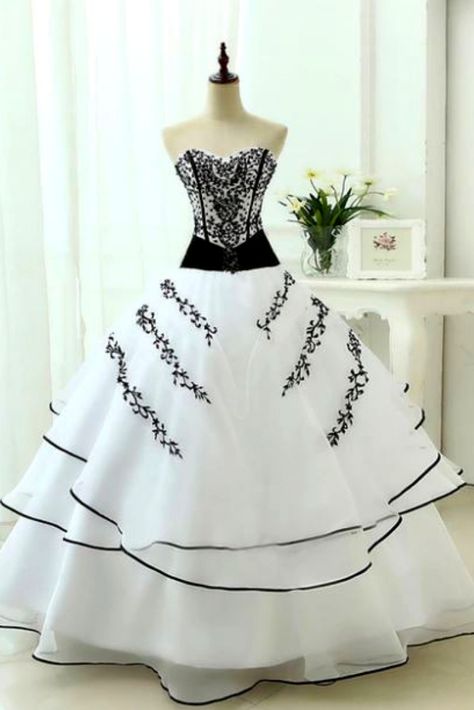 New Arrival Wedding Dresses Classical A line White Black dress women Vintage #simple #weddingdress #Classical #giftidea Gothic Ball Gown, Beautiful Ball Gowns, Vintage Ball Gowns, Black Wedding Dress, Gothic Wedding Dress, Bridal Ball Gown, Women's Suits, Wedding Dress Fabrics, Custom Wedding Dress