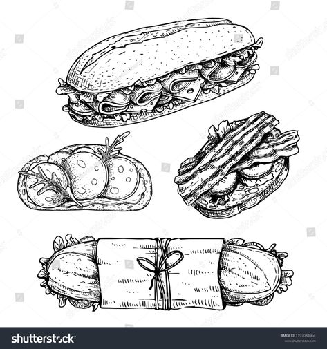 Ciabatta Sandwiches, Sandwich Drawing, Sandwich Shapes, Menu Design Layout, Drawn Food, Perspective View, Food Sketch, Sub Sandwiches, Minimalist Drawing