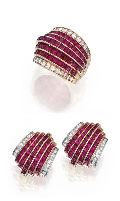 18 KARAT GOLD, RUBY AND DIAMOND RING AND EARCLIPS, VAN CLEEF & ARPELS. The ring designed with five rows set with 77 calibré-cut rubies, bordered by round diamonds weighing approximately 1.00 carat, size 8, signed V.C., numbered N.Y.23401 S.O.; the earclips of similar design set with 86 calibré-cut rubies bordered by single-cut diamonds weighing approximately .70 carat, signed Van Cleef & Arpels, numbered N.Y. 23160. Ruby And Diamond Ring, Indian Jewelry Sets, Gold Ring Designs, Diamond Jewelry Designs, Gold Earrings Designs, Ruby Jewelry, Fabulous Jewelry, Classic Jewelry, Van Cleef Arpels