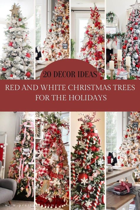 Christmas Tree Ideas Red And Champagne, Red And White Bows On Christmas Tree, Flocked Christmas Trees Decorated Red And White, Red And White Christmas Tree Theme, White Red Christmas Tree Ideas, White And Red Christmas Decor Ideas, How To Fill Out A Christmas Tree, Ted And White Christmas Tree Decor, Red And White Tree Ideas