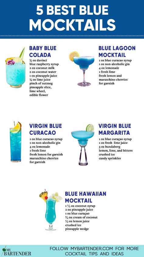 Blue Mocktails Blue Mocktail, Bartender Drinks Recipes, Mocktail Drinks, Fun Drink Recipe, Alcohol Free Drinks, Blue Drinks, Drink Recipes Nonalcoholic, Yummy Alcoholic Drinks, Refreshing Drinks Recipes