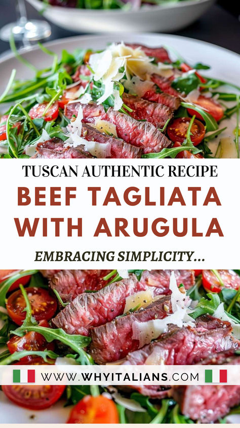 Seeking Tuscan Traditional Recipes? Look no further than Beef Tagliata, where tender sirloin, fresh arugula, and succulent cherry tomatoes dance on your palate, adorned with Parmesan shavings. Save this pin for later and satisfy your cravings! 🌿🥩🍅 Beef Recipes Mediterranean, Beef Tagliata Recipe, Beef Steak Tomatoes Recipes, Authentic Tuscan Recipes, Traditional Tuscan Recipes, Tuscan Recipes Authentic, Steak Tagliata, Tuscan Dinner Party, Tuscan Dishes