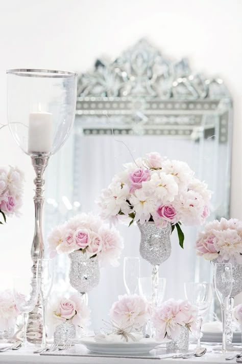 Such beautiful centerpieces. Looks fairly easy.  Goblets painted tops and awesome flowers. Flowers And Vases, Silver Centerpiece, Rustic Wedding Decorations, Sophisticated Bride, Diy Wedding Decorations, Romantic Weddings, Pink Wedding, Silver Wedding, Wedding Centerpieces