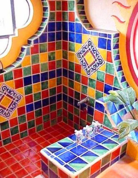 Liso - Rústicos Artesanales - Talavera - Azulejo Talavera - Tejas de Barro - Losetas de Barro - Pisos de Barro - Teja Plástica - Ovalin - Barro - Artesanías - Hacienda Bathroom, Spanish Bathroom, Mexican Bathroom, Mexican Home Decor, Bathroom Remodel Pictures, Mexican Home, Talavera Tiles, Tile Work, Tile Art