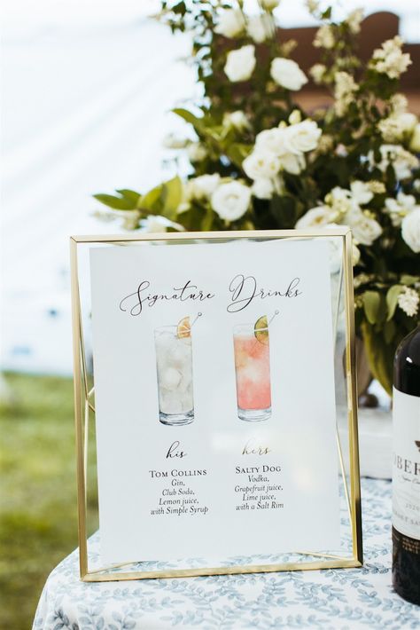 Custom signature cocktail signage for a tented wedding Custom Drinks, Wedding Bar Menu Sign, Signature Drink Sign, Cocktail Sign, Bar Menu Sign, Signature Cocktail Sign, Wedding Signature Drinks, Drinks Sign, Drink Bar