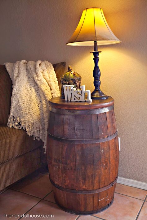 Barrel End Table - Inspiration Whiskey Barrel Living Room Decor, Whiskey Barrel Home Decor, Barrel End Table Living Rooms, Whiskey Barrel Side Table, Whiskey Barrel End Table, Western End Tables, Whiskey Barrel Decorating Ideas, Barrels Decor Ideas, Barrel Decor Ideas