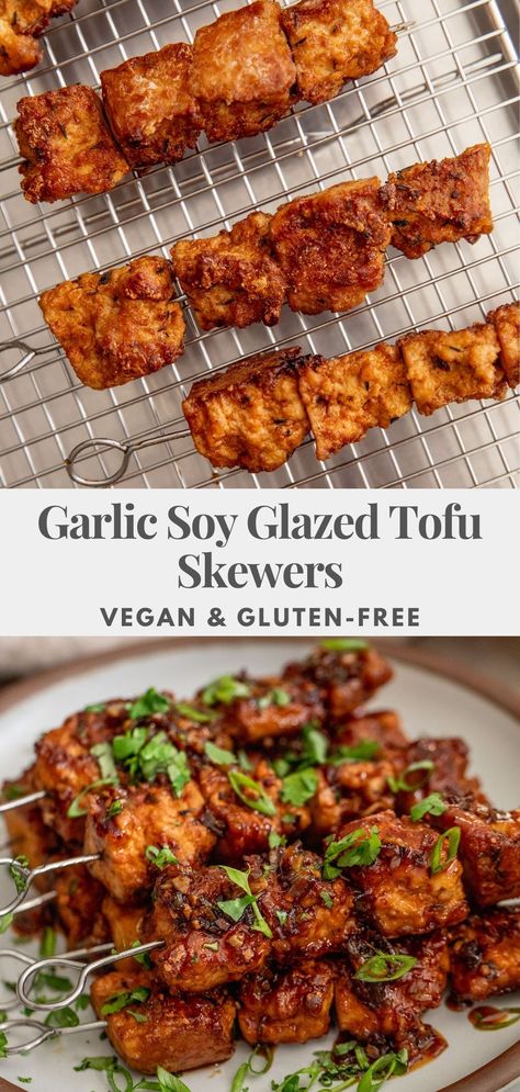 These Garlic Soy Glazed Tofu Skewers get crisp around the edges and are accompanied with a sweet and savory sauce glazed on top. Easy to make with simple ingredients. Tofu Skewers, Glazed Tofu, 30 Minute Meals Easy, Gf Flour, Marinated Tofu, Skewer Recipes, Vegan Lunches, Savory Sauce, No Dairy Recipes