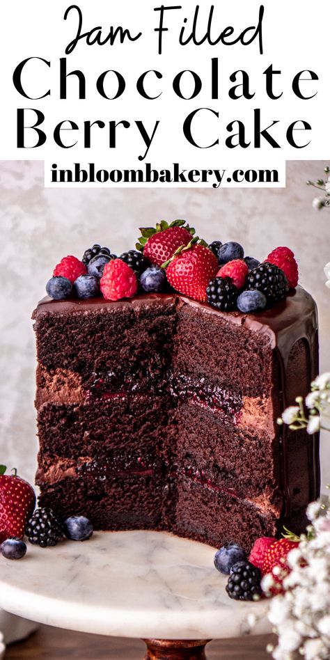 Chocolate Cake With Berry Filling, Chocolate Fruit Cake Birthday, Chocolate Berries Cake, Berry Jam Cake, Chocolate Cake With Fruit Filling, Chocolate Fruit Cake Recipe, Chocolate And Berry Cake, Dark Chocolate Strawberry Cake, Chocolate Cake Flavors And Fillings