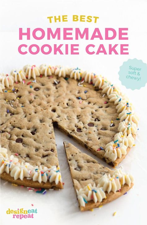 This easy and Chewy Cookie Cake Recipe is the perfect way to celebrate birthdays or other special occasions! It tastes so much better than store-bought and only costs about $8 to make! Leave unfrosted or top with my favorite vanilla buttercream and sprinkles for a simple homemade cake! Easy Birthday Desert Ideas, Birthday Chocolate Chip Cookie Cake, Best Homemade Cakes Recipes, 8 Inch Cookie Cake, Sprinkle Cookie Cake, Making A Birthday Cake At Home, How To Make Cookie Cake Homemade, Cookie Cake Chocolate Chip, Cookie Sheet Cake Recipe