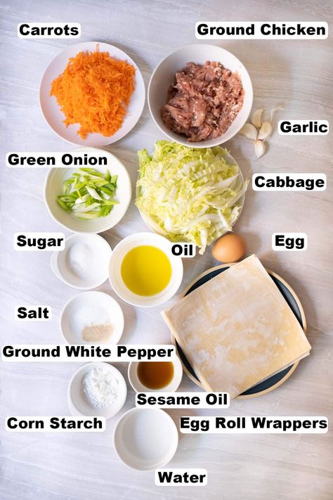 Chicken egg rolls ingredients. Fried Egg Rolls Recipe, Making Egg Rolls, Egg Rolls Recipe Chicken, Chicken Egg Roll Recipe, Eggroll Filling Recipe, Eggroll Filling Ideas, Eggs Rolls Recipe, Chicken Eggrolls Recipes, Egg Roll Chicken