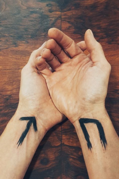 Brush style tattoo broken lines bold black runes tiwaz and uruz Tiwaz Rune Tattoo, Uruz Rune Tattoo, Brush Style Tattoo, Uruz Rune, Tiwaz Rune, Broken Lines, Rune Tattoo, Style Tattoo, Bold Black