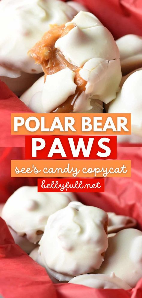 Learn how to make Polar Bear Paws! It's an easy dessert idea that's no-bake. Filled with roasted nuts and caramel then coated in white chocolate, this See's copycat is the perfect sweet and salty treat for gift-giving. Save this holiday recipe! Polar Bear Paws, Bear Claw Recipe, Almond Bark Recipes, Easy Dessert Idea, Polar Bear Paw, Popular Desserts Recipes, Healthy And Unhealthy Food, Most Popular Desserts, Salty Treats