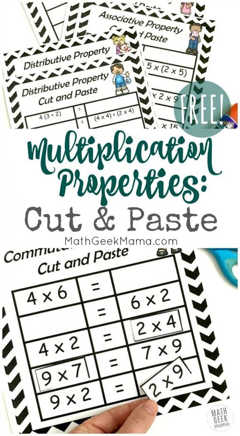 Help your kids make sense of the properties of multiplication with these super easy and low prep cut and paste pages! Includes practice with the commutative property, associative property and distributive property. This simple set is free!  #multiplication #homeschoolmath #freemathworksheet Multiplication Properties, Associative Property, Commutative Property, Properties Of Multiplication, Free Math Resources, Learning Multiplication, Teaching Multiplication, Distributive Property, Math Geek