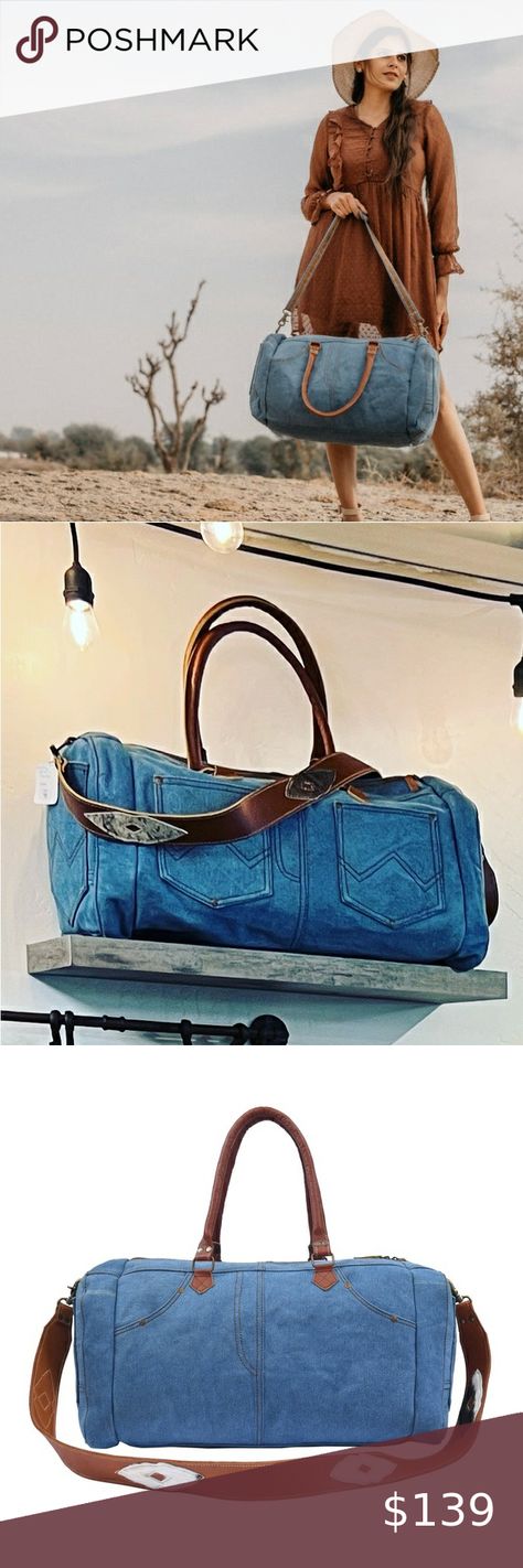 New Womens Denim  90s Leather Cowhide Duffle Duffel Bag Weekender Gift