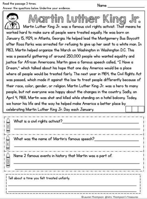 Free guided reading Martin Luther King Jr. reading comprehension and questions Martin Luther King Jr Worksheets, Martin Luther King Worksheets, Martin Luther King Activities, Martin Luther King Jr Activities, Dr Martin Luther King Jr, Mlk Jr, Dr Martin Luther King, 2nd Grade Reading, First Grade Reading