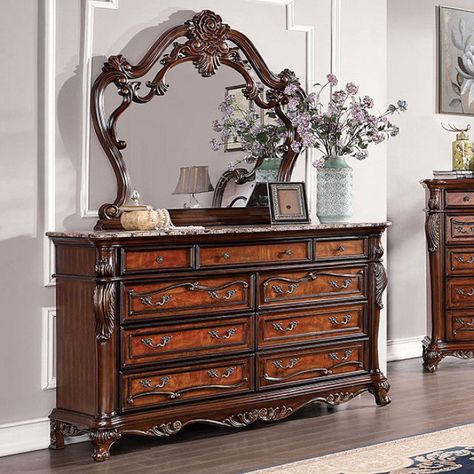 Rosewood CM7183D Dark Oak Traditional Dresser By Furniture Of America - sofafair.com Traditional Dressers, Sleigh Bedroom Set, Platform Bedroom Sets, Modern Beds, Matching Case, Solid Wood Dresser, Wood Details, Oak Dresser, Dresser Furniture