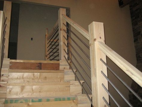 woodworking home cable rail staircase, diy, stairs, woodworking projects                                                                                                                                                                                 More Upstairs Railing, Rebar Railing, Garden Basement, Staircase Update, Farmhouse Fixtures, Basement Stair Railing Ideas, Cable Stair Railing, Stairway Ideas, Diy Stair Railing