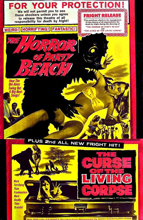 1964 Double-Feature: The Horror of Party Beach & The Curse of the Living Corpse Beach Movie Poster, Classic Horror Movies Posters, Horror Party, Film Horror, Horror Posters, Retro Horror, 3 Movie, Classic Horror Movies, The Curse