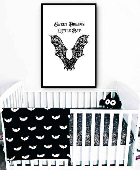 Gothic Nursery Decor artwork for the little baby bat in the family. This is a beautiful floral design bat that can be ordered with the design as black on white or the design is white on black. The size options for this artwork are either 8x10 inch, 11x17 inch 12x18 inch or 13x19 inch. Your artwork will be printed on presentation media stock paper,  with the color option you choose. All sizes will print with a white border so artwork will not be obstructed by placing in your frame.  If you would Gothic Nursery Wall Art, Gothic Nursery Ideas, Goth Nursery, Gothic Baby Nursery, Halloween Nursery, Gothic Nursery, Purple Goth, Gothic Artwork, Gothic Baby