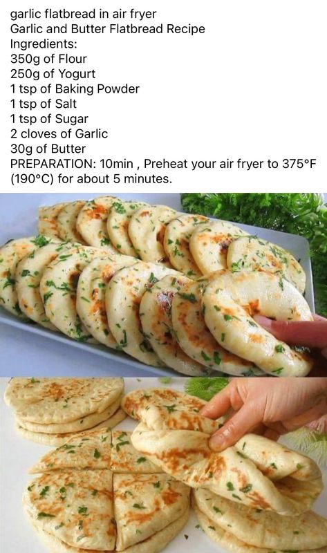 Airfry Food Ideas, Garlic Flatbread In Air Fryer, Fun Easy Dinner Ideas, Garlic Flat Bread, Garlic Flatbread Recipe, Airfryer Food, Flat Bread Recipe, Diy Mat, Garlic Flatbread