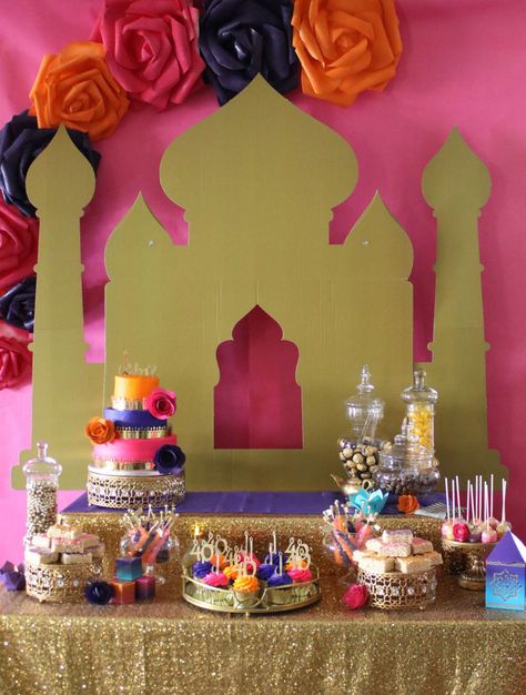 arabian nights dessert table Princess Jasmine Party, Arabian Party, Aladdin Birthday Party, Arabian Nights Theme, Princess Jasmine Birthday Party, Arabian Nights Party, Aladdin Party, Princess Jasmine Birthday, Jasmine Party