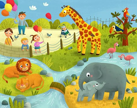 Seek and Find: Town Sticker Book on Behance Zoo Drawing, Zoo Pictures, Seek And Find, Animal Art Projects, Picture Composition, Kids Zoo, Elephant Illustration, Montessori Toddler Activities, Preschool Activities Toddler