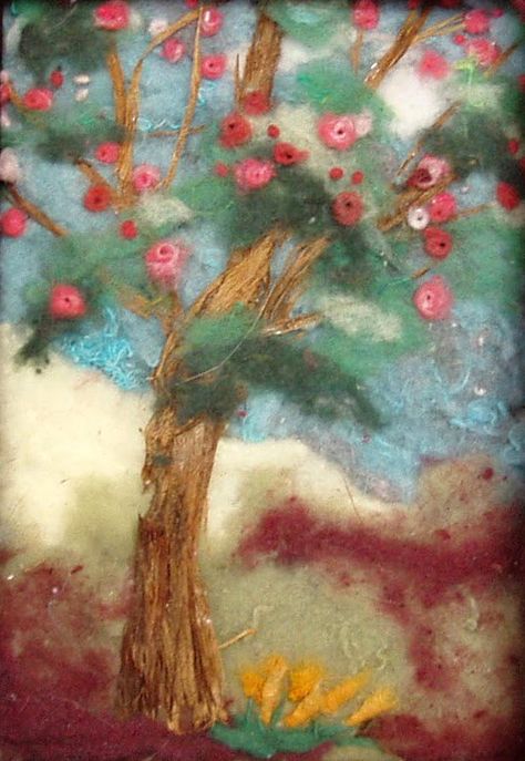 Tree Cherry Blossom, Growth Chart Wood, Rustic Wood Wall Art, Felt House, Large Wood Wall Art, Felted Art, Felting Ideas, Felt Pictures, Artist Website