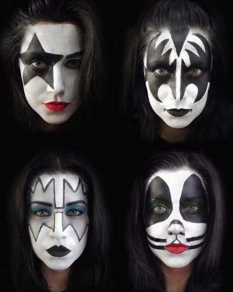 Da Girls! Kiss Halloween Costumes Diy, Kiss Inspired Makeup, Kiss Costume Women, Metal Halloween Costume, Kiss Band Costume, Kiss Band Makeup, Rock Band Costumes, Kiss Halloween Costumes, Valentine Makeup