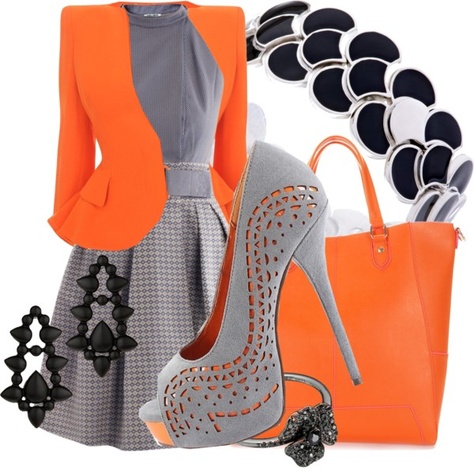 Gray And Orange Outfit, Orange And Gray Outfit, Uniform Inspiration, Sarah Adams, Flared Skirts, Circle Skirts, Grey Pumps, Orange Outfit, Grey Outfit