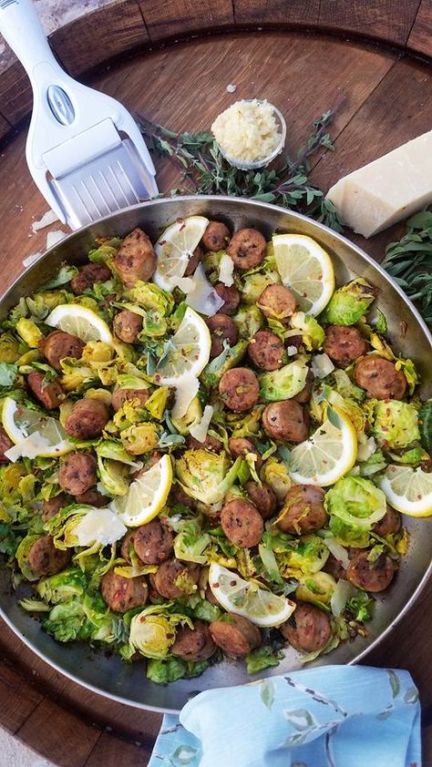 Quick Italian Sausage and Shaved Brussel Sprouts One-Skillet Dinner! - Clean Food Crush Chicken Sausage And Brussel Sprouts, 15 Minute Dinners, Shaved Brussel Sprouts, Sausage Dishes, Skillet Dinners, Keto Foods, Food Crush, Meatless Main Dishes, Clean Food Crush