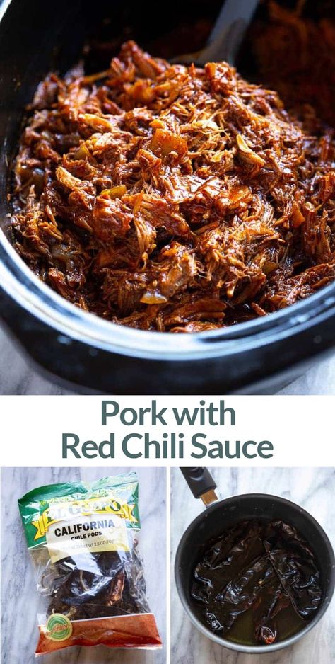 Roasted Red Chili Paste Recipes, Pork In Red Sauce Mexican, Red Chili Pork, Pulled Pork Sauce, Pork Burritos, Chili Pork, Crock Pot Dinner, Pork Crock, Red Chili Paste