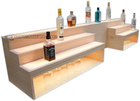 Custom Raised Bar Shelving w/ Storage & POS System Opening - 8" High Storage Corner Bar Shelves, Bar Shelves Ideas Liquor, Bar Bottle Display, Bar Shelves Ideas, Liquor Shelves, Liquor Display, Bar Shelving, Armoire Bar, Liquor Shelf