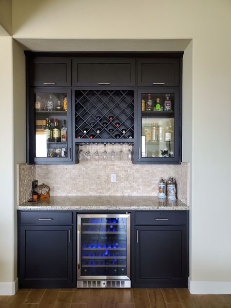 Wine Fridge And Coffee Bar, Home Bar With Storage, Dry Bar Countertop Ideas, Wet Bar With Wine Rack, Murphy Bar Indoor, Man Cave Wet Bar, Bar With Tv In Middle, Bar With Full Size Fridge, Bar With Beverage Fridge