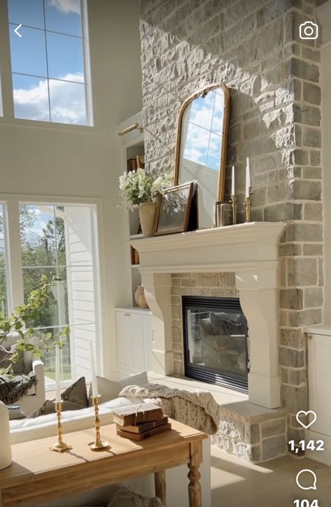 Cream Stone Fireplace Living Room, Limestone Brick Fireplace, German Smear Stacked Stone Fireplace, Xo Macenna Comfort Cottage Fireplace, Vaulted Ceiling Living Room Fireplace, French Country Fireplace Ideas, Fireplace 2023, French Chateau Fireplace Stone, Genstone Faux Stone Fireplace