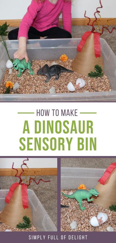 how to make a dinosaur sensory bin Dinosaur Games Preschool, Dino Sensory Bin, Dinosaur Sensory Activities, Sensory Bin Diy, Dinosaur Sensory Bin, Dinosaur Small World, Dinosaur Crafts Preschool, Dinosaur Sensory, Dinosaur Lesson