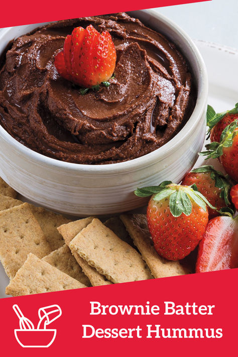 Brownie batter dessert hummus is a perfect healthy dessert option! It is chocolatey, rich and decadent! Brownie Batter Hummus, Healthy Dessert Options, Dessert Hummus, Brownie Batter, Agave Nectar, Eat Smart, Unsweetened Almond Milk, Dark Chocolate Chips, Healthy Dessert