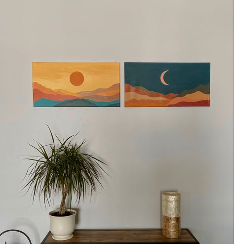 Horizontal side by side teal and orange camvas paintings. Sun and moon boho aesthetic Boho Horizontal Art, Horizontal Paintings On Canvas Easy, Painting Ideas On Canvas Horizontal, Horizontal Painting Ideas Easy, Two Paintings That Go Together, Rectangle Painting Ideas, Horizontal Canvas Painting Ideas, Rectangle Canvas Painting Ideas, Horizontal Painting Ideas