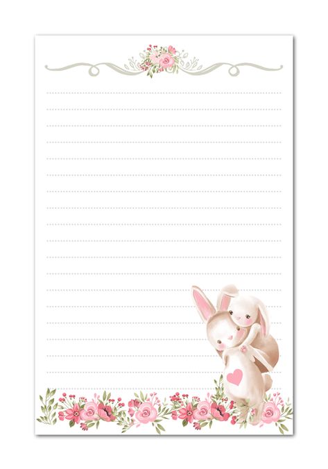 Bunny Rabbits Pink Flowers Printable Stationery Watercolor Paper Diy Stationery Paper, Pink Floral Background, Stationary Printable, Writing Paper Printable Stationery, Free Printable Stationery, Notepaper, Flowers Printable, Writing Paper Printable, Stationary Paper