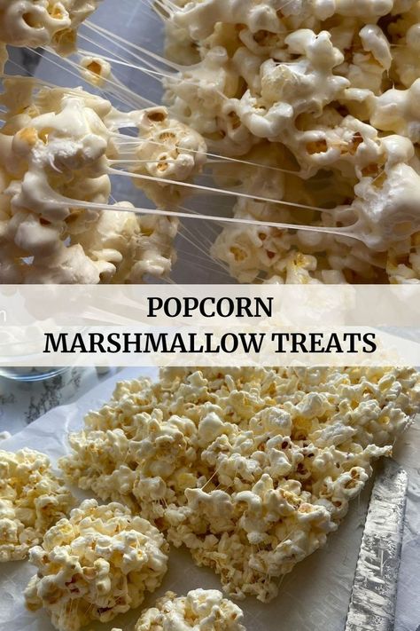 Popcorn marshmallow treats, strings of melted marshmallows, how to make popcorn marshmallow treats, popcorn marshmallow treats cut into squares. Popcorn Rice Krispy Treats, Marshmallow And Popcorn, Popcorn Rice Krispie Treats, Rice Crispy Popcorn, Sticky Popcorn Marshmallows, Rice Krispie Popcorn, Popcorn Krispie Treats, Popcorn Crispy Treats, Popcorn Marshmallow Recipes