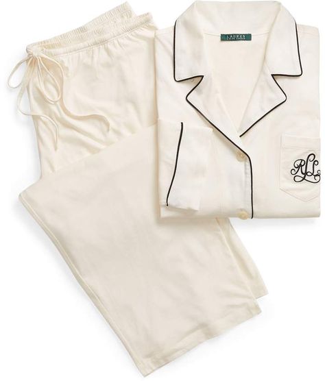 Ralph Lauren Cotton Jersey Pajama Set Details & Sizing Crafted from ultra-soft cotton, this comfortable pajama set features contrast piping and our signature embroidered "LRL" monogram. Shirt features notched lapels with contrasting trim, an applied buttoned placket, long sleeves with fold-over cuffs, a patch pocket with our signature embroidered "LRL" monogram at the left chest and an even-sewn hem. Pant features a drawstring waist. 30" inseam. 60% cotton. 40% modal. Machine washable. Imported White Pjs, Ralph Lauren Pajamas, Robes Women, Monogram Shirt, Comfortable Pajamas, Cotton Sleepwear, Cute Pajamas, Contrast Piping, Pinterest Fashion