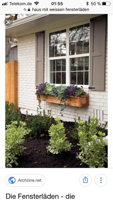 Wooden Window Planter Boxes, Landscape Under Front Window, Window Box Front Of House, Exterior Painted Brick House, Window Boxes Diy, Ranch House Exterior, House Shutters, Window Planters, Home Exterior Makeover