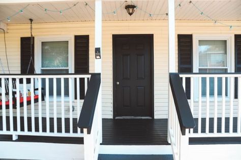 Update Front Porch Railing, White House Porch Color, Front Porch Ideas With Railing, Painted Wood Porch Ideas, Black Stain Front Porch, White House With Black Railing Exterior, Front Porch Redo Ideas, Front Porch Color Scheme Farmhouse, Porch Railing Paint Ideas