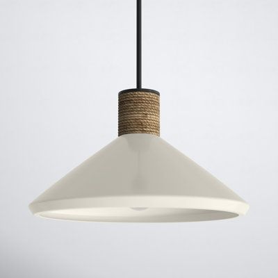 This artisan-made, wide cone-shaped 1-light pendant is handcrafted with a finish inside and out. The hand-wrapped natural jute rope detail adds a layer of interest to a simple, yet sophisticated style. | Birch Lane™ Gwenelle 1 - Light Single Cone Pendant Ceramic in White | 10.5 H x 18 W x 18 D in | Wayfair Modern Coastal Kitchen Pendant Lights, Pendant Lighting Over Kitchen Table, Sage Green Pendant Light, Primary Bedroom Lighting Ideas, Modern Organic Pendant Light, Over The Sink Pendant Light, Black Kitchen Pendant Lights Over Island, Lake House Dining Table, Breakfast Nook Light Fixture