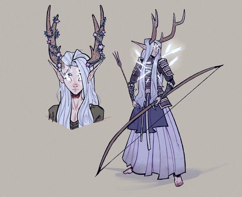 Character Design Inspiration Clothes, Dnd Archer Character Art, Constellation Character Design, Archer Oc, Dnd Races Character Design, Fantasy Races Concept, Bow Reference, Hunter Character Design, Dnd Fey