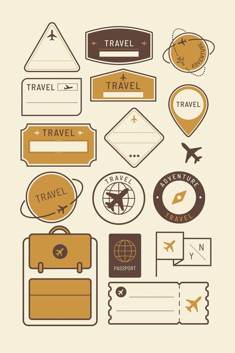 Download premium vector of Travel stickers and badge set vector about airplane, adventure, air, airport and arrivals 1229288 Travel Stickers Printable Vintage, Travel Stickers Aesthetic, Cute Printable Stickers Journal, Stiker Journal, Stiker Printable, Penanda Buku, Travel Stamp, Passport Stamps, Journal Sticker