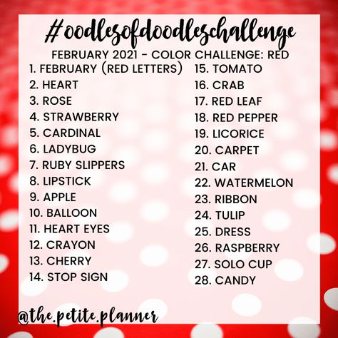 February Drawing Challenge, Doodle A Day, Sketchbook Prompts, Doodle A, Valentines Day Drawing, 30 Day Drawing Challenge, Journal Challenge, Art Journal Prompts, The Color Red